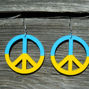 Niebiesko żółte drewniane kolczyki pacyfy w barwach Ukrainy, Make love not war, pacyfka, Ukraina