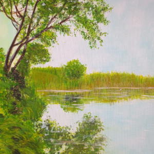 OBRAZ RĘCZNIE MALOWANY AKRYLOWY "NAD CICHĄ WODĄ" - 30x24cm