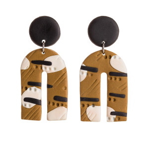 Kolczyki okrągłe - abstrakcja karmelowo, czarno, biała