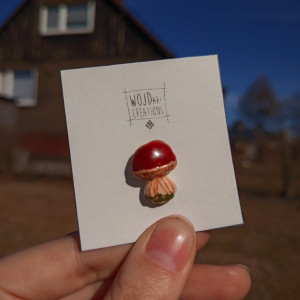 Przypinka w kształcie Borowika wykonana z glinki polimerowej, ręcznie malowana