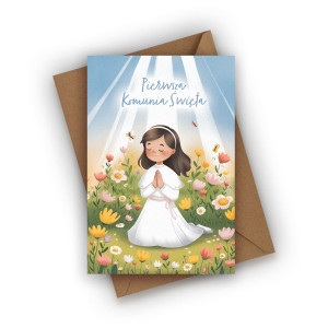 Kartka z okazji Komunii Świętej- Pierwsza Komunia Święta dla dziewczynki