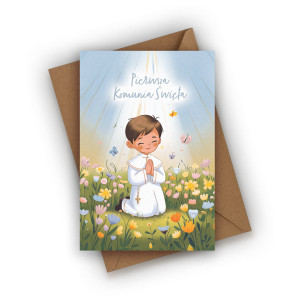 Kartka z okazji Komunii Świętej- Pierwsza Komunia Święta dla chłopca