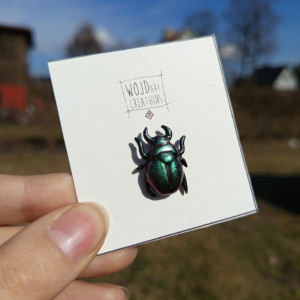 Przypinka w kształcie żuczka wykonana z glinki polimerowej, ręcznie malowana