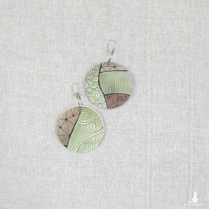 6564 brązowe, zielone, szare, jesienne, niepowtarzalne, duże, dwustronne kolczyki; 4 w 1;