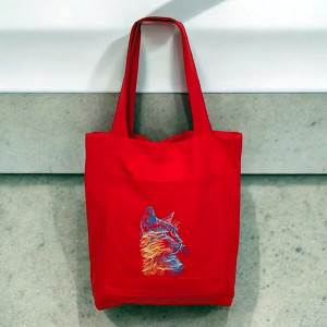 Duża  bawełniana torba z haftowanym kotem.