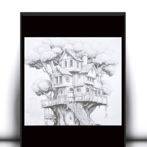 biało czarny plakat z domkiem, baśniowy plakat, skandynawski plakat A4, domek plakat 21x30, bajkowy plakat na ścianę, mały plakat, dom plakat, boho plakaty, fajne plakaty