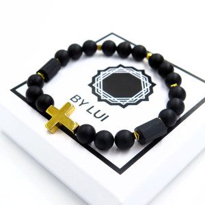 Męska Czarna Bransoletka Turmalin & Onyks Krzyż LORD