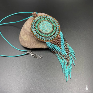 MEDALION Z FRĘDZLAMI - turkusowy, brązowy #895