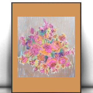 retro plakat A4, kwiatki obrazek A4, mały obrazek z kwiatami, vintage plakat z bukietem, kwiaty plakat 21x30, boho plakat w ciepłych kolorach, bukiet plakat do domu