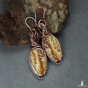 Kolczyki miedziane z jaspisem krajobrazowym wire wrapping PROMOCJA