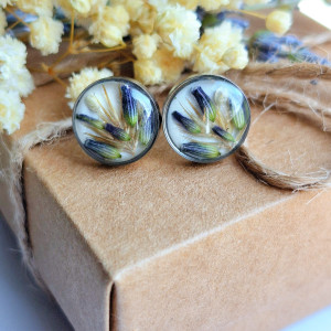 Kolczyki sztyfty z zatopionymi kwiatami lawendy srebrne