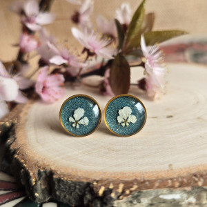 złote kolczyki wkręty sztyfty żywica z żywicy kwiaty z kwiatami suszone prawdziwe kwiaty retro vintage turkusowe dzika marchew