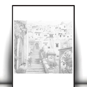 uliczka plakat A4, miasteczko plakat, podróże plakaty A4, biało czarne plakaty do domu, szare plakaty, nowoczesne plakaty, boho plakaty na ścianę, architektura plakat, małe plakaty vintage