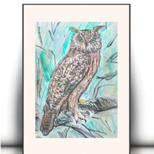 retro plakat A4, sowa plakat, ptaszek obraz A4, retro obrazek z sową, puchacz obrazek 21x30, ptaszki obrazki, plakat z ptaszkiem, ptaki plakaty vintage, zwierzęta plakaty do domu, posters