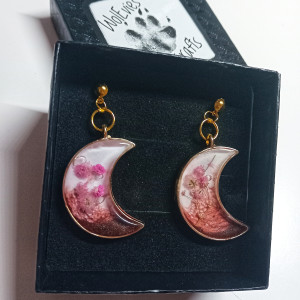 Kolczyki Księżyce z Różową Gipsówką - Handmade