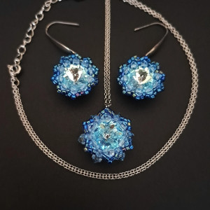 Niebieski Zestaw Biżuterii - Kolczyki i Naszyjnik Z Kryształków, Kamieni i Koralików
