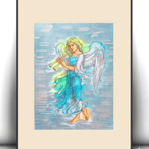 retro plakat A4, anioł obrazek A4, mały plakat z aniołkiem, vintage plakat z aniołem, mały obrazek z aniołem, anioł muzykant obrazek 21x30, vintage dekoracje do domu, posters a4