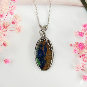 Naszyjnik Azuryt stal chirurgiczna wisiorek handmade wirewrapping