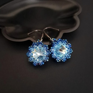 Niebieskie Wiszące Kolczyki z Kryształkami i Koralikami
