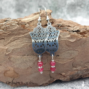 Kolczyki wiszące - ręka Hamsy, jadeit