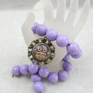 6737 duży, fioletowy, liliowy naszyjnik z wisiorkiem; wisiorek sowa