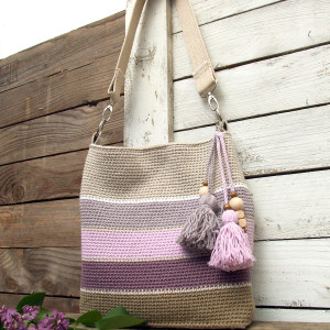 Torebka na ramię, szydełkowa, bawełniana - Wrzosowisko