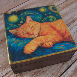 Drewniane pudełko/szkatułka - "Śpiący kociak"