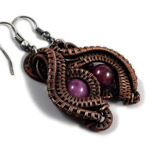 Agat, Miedziane kolczyki z fioletowym agatem patynowane ręcznie wykonane, prezent dla niej, prezent dla mamy, prezent urodzinowy, biżuteria