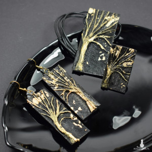 Komplet biżuterii z motywem drzewa, czarno-złoty