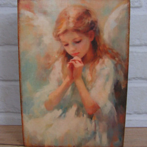 "Anielska Modlitwa" - obrazek na drewnie, wykonany techniką decoupage.