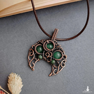 Wisior miedziany księżyc lunula awenturyn i zoisyt wire wrapping