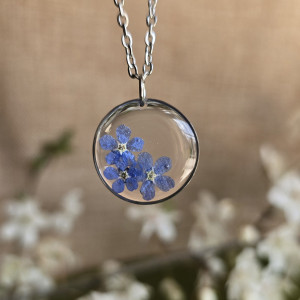 Srebrna zawieszka srebrny wisiorek kwiat naszyjnik żywica z żywicy suszone kwiaty dziewczęcy kobiecy niezapominajki