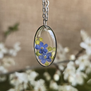 Srebrna zawieszka srebrny wisiorek naszyjnik żywica z żywicy kwiaty z kwiatami jajowata retro naturalna dziewczęca kobieca niezapominajki