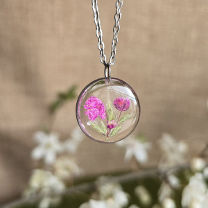 Srebrna zawieszka srebrny wisiorek naszyjnik żywica z żywicy kwiaty z kwiatami retro naturalna dziewczęca kobieca różowa