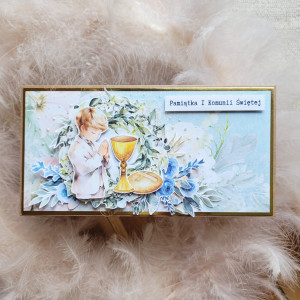 Błękitna kartka na Pierwszą Komunię Świętą dla chłopca – do koperty