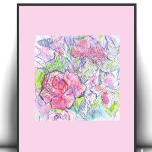 róże obrazek A4, kwiaty rysunek, pastelowy rysunek 21x30, ogród obraz, mała grafika na ścianę, obraz z różami, różowy rysunek A4, boho posters a4, róże plakat 21x30, botaniczny rysunek 21x30,