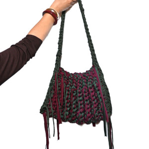 Duża torba z recyklingu – ręcznie szydełkowana, boho oliwkowo bordowa