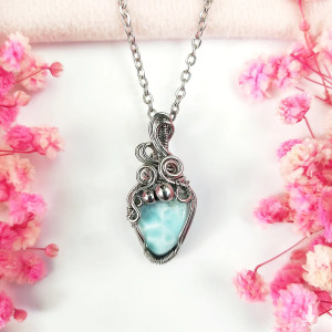 Naszyjnik Larimar stal chirurgiczna wisiorek handmade wirewrapping