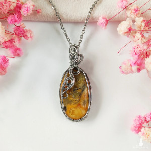 Naszyjnik Agat Crazy Lace stal chirurgiczna wisiorek handmade wirewrapping