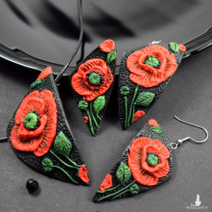 "czerwone maki" duży komplet biżuterii