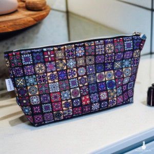 Kosmetyczka damska welurowa etui do torebki organizer do torby duża kosmetyczka kafelki portugalskie