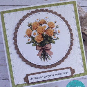 Kartka imieninowa z bukietem róż i stokrotek