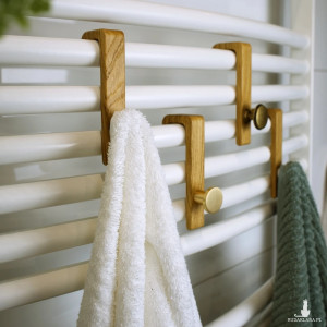 Drewniany haczyk łazienkowy na grzejnik z magnesem oraz gałką do wyboru