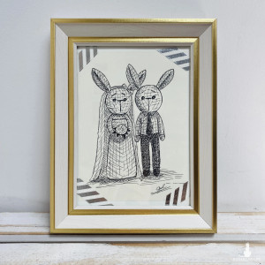 Młoda para króliczki w ramce rysowane piórkiem prezent ślubny obraz