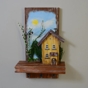 Drewniany wieszak na klucze z kolorowym domkiem i zielonymi roślinami, 3 haczyki