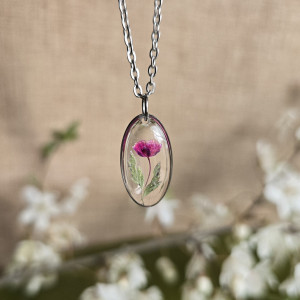 Srebrna zawieszka srebrny wisiorek naszyjnik żywica z żywicy kwiaty z kwiatami jajowata retro naturalna dziewczęca kobieca gipsówka