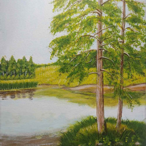 OBRAZ RĘCZNIE MALOWANY AKRYLOWY "LAS I WODA" - 30x24cm