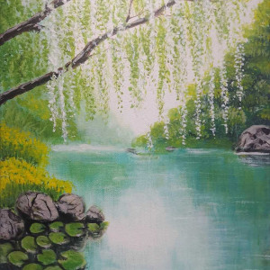 OBRAZ RĘCZNIE MALOWANY AKRYLOWY "NAD TURKUSOWĄ WODĄ" - 30x24cm