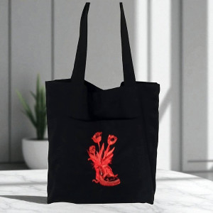 Czarna  torba bawełniana z haftem i kieszenią