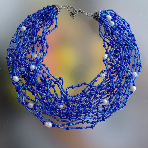 Naszyjnik Koraliki Mix Perły Niebieskie Korale Kaskadowe